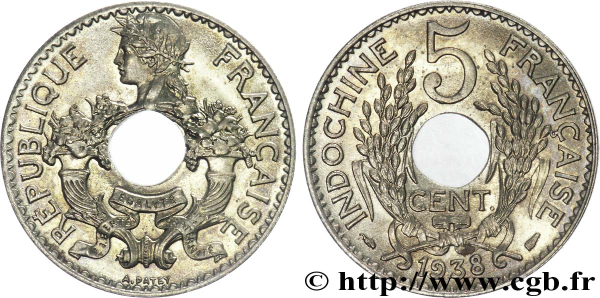 TROISIÈME RÉPUBLIQUE - INDOCHINE FRANÇAISE 5 centimes Patey, frappe courante 1938 Paris SPL 