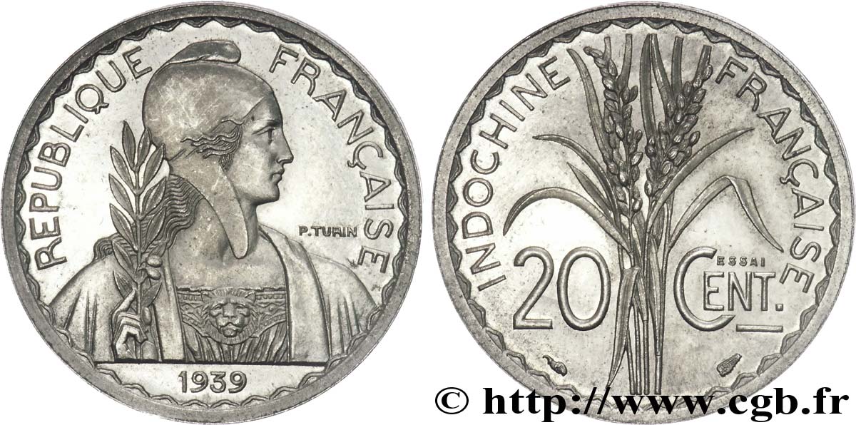 TROISIÈME RÉPUBLIQUE - INDOCHINE FRANÇAISE Pré-série avec le mot Essai 20 centimes, 6,6 g ? 1939 Paris FDC 