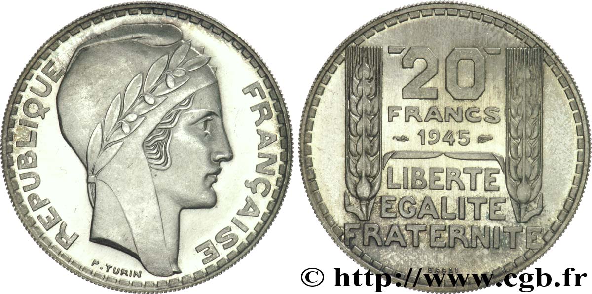 Essai de 20 francs Turin en argent, rameaux courts, léger 1945 Paris Maz.2745 var FDC 