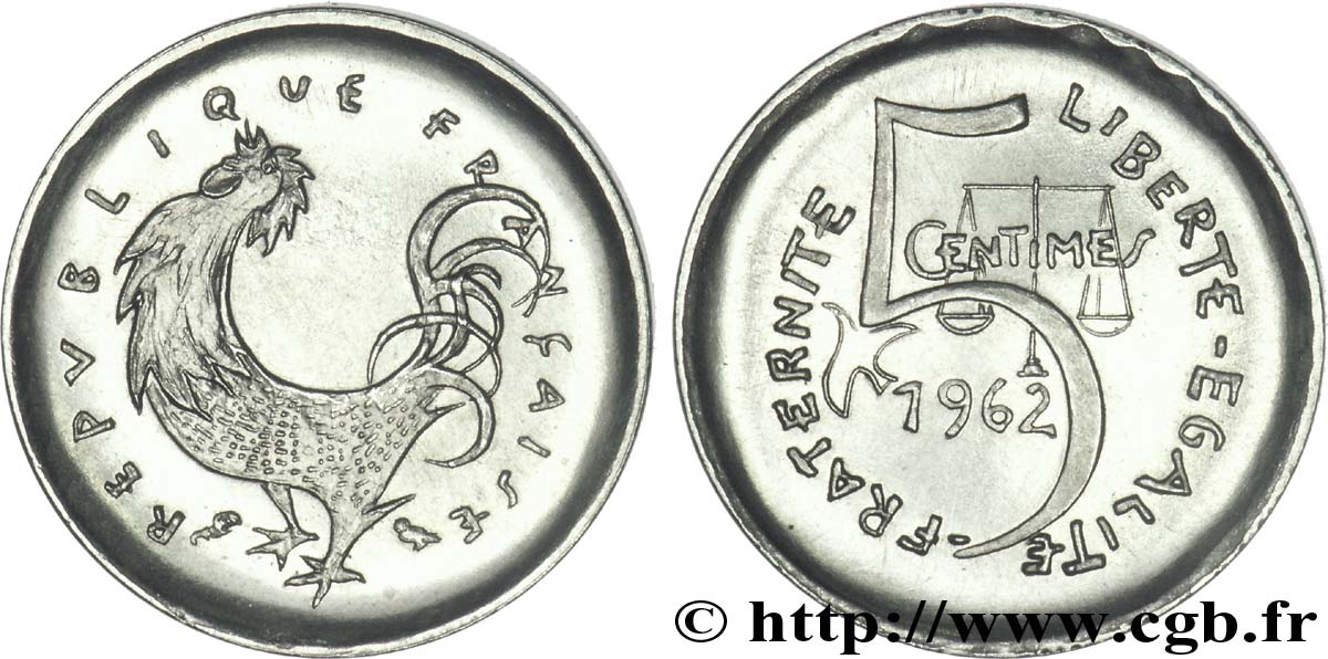 5 centimes, second projet de Joly 1962 Paris G.173 MS