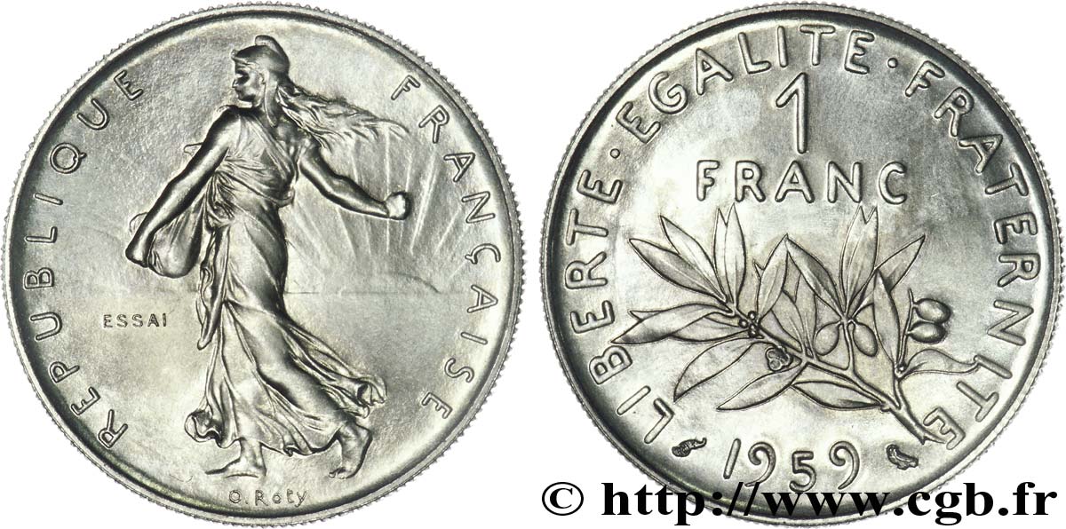 Pré-série de l’essai de 1 franc Semeuse, nickel, à date serrée 1959 Paris F.226/1 var. MS 