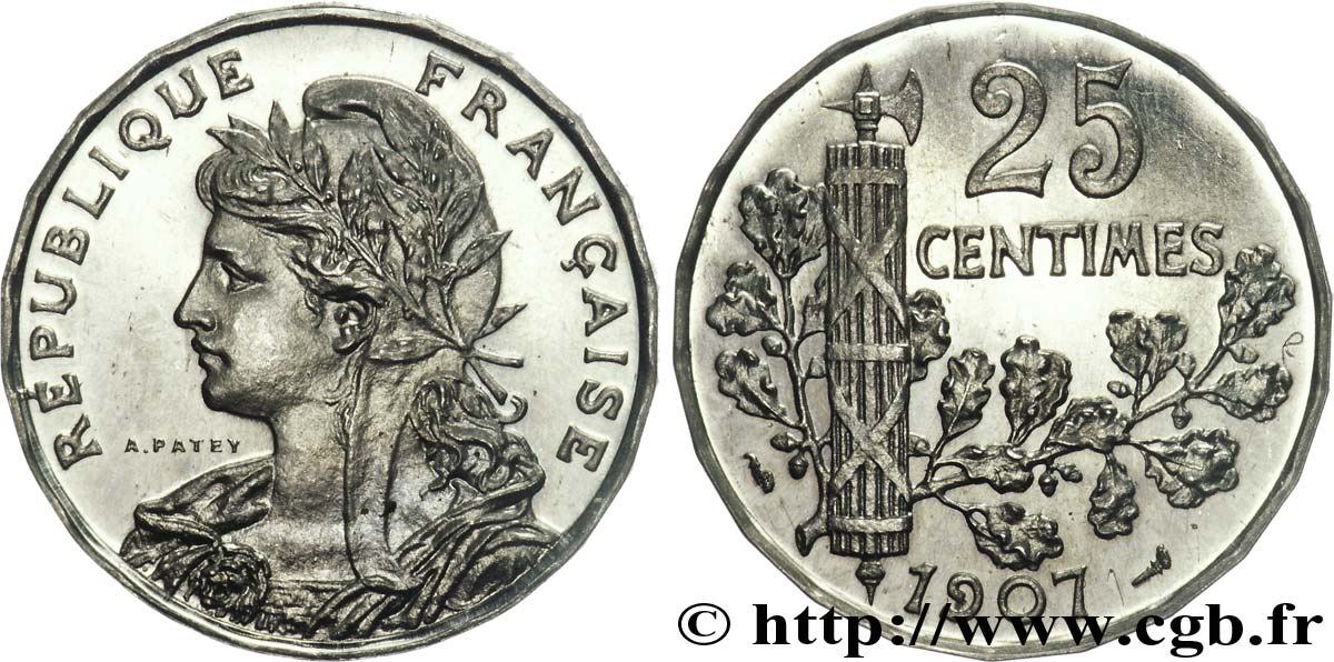 Concours de 1973, essai de 2 francs au type de la 25 centimes Patey, nickel, listel bas, lourd 1907 Paris G.-  FDC 