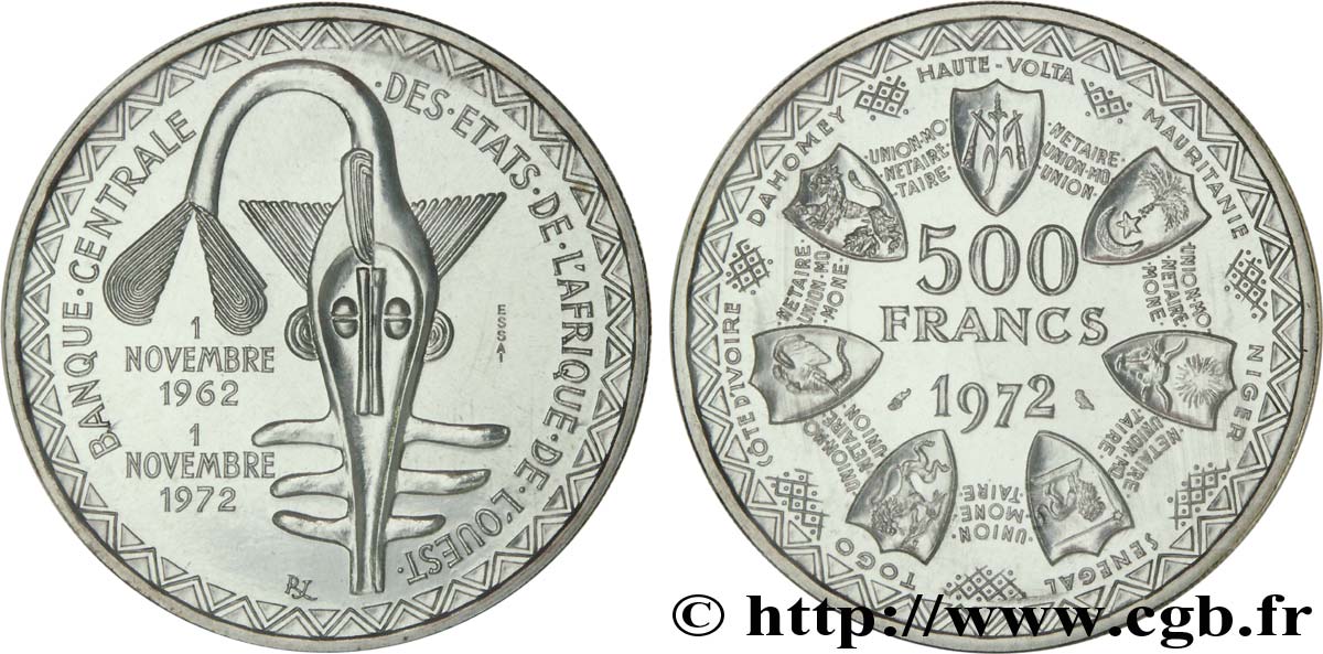 ÉTATS DE L AFRIQUE DE L OUEST (BCEAO) Essai 500 Francs masque / emblème des pays de l’Union Monétaire 1972 Paris FDC 
