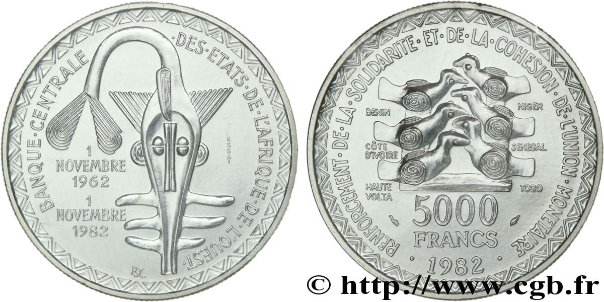 ESTADOS DE ÁFRICA DEL OESTE Essai 5000 Francs masque / oiseau 20e anniversaire de l’Union Monétaire 1982 Paris FDC 