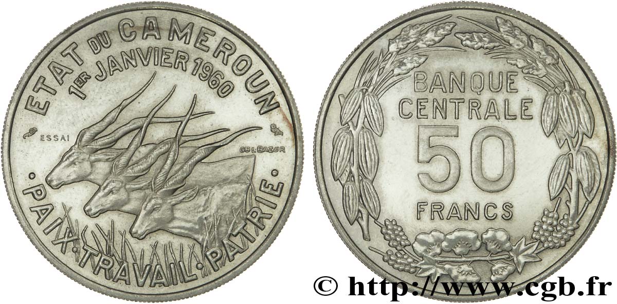 CAMERUN Essai 50 Francs Etat du Cameroun, commémoration de l’indépendance, antilopes 1960 Paris MS 