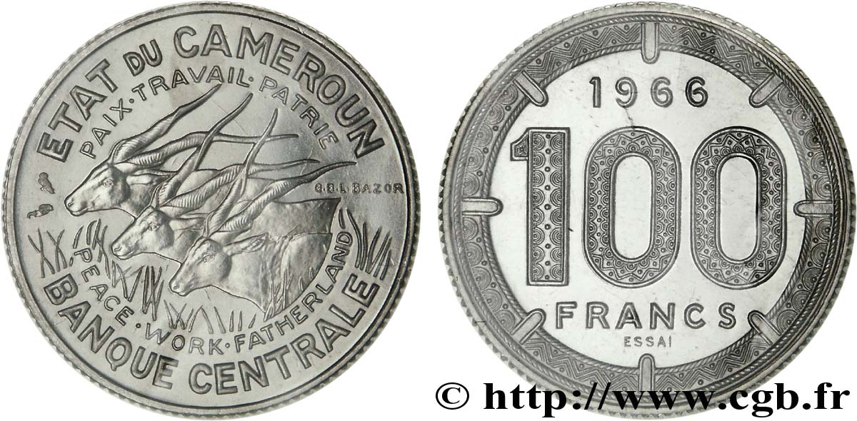 CAMEROUN Essai 100 Francs Etat du Cameroun, commémoration de l’indépendance, antilopes 1966 Paris FDC 