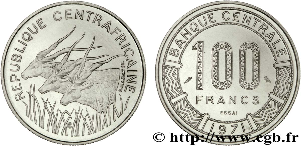 ZENTRALAFRIKANISCHE REPUBLIK Essai de 100 Francs antilopes type “Banque Centrale” 1971 Paris ST 