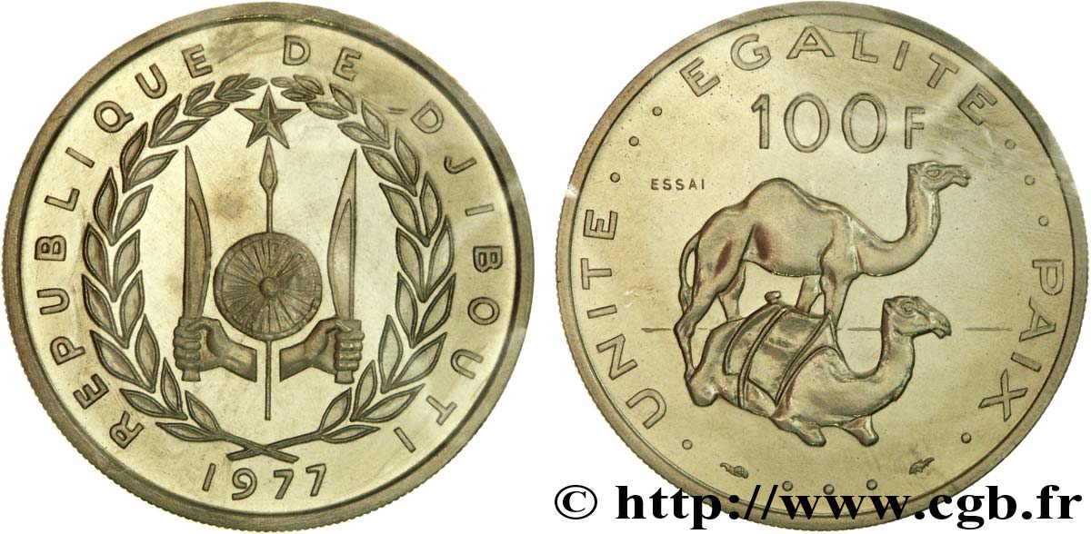 DSCHIBUTI Essai de 100 Francs  emblème / dromadaires 1977 Paris ST 
