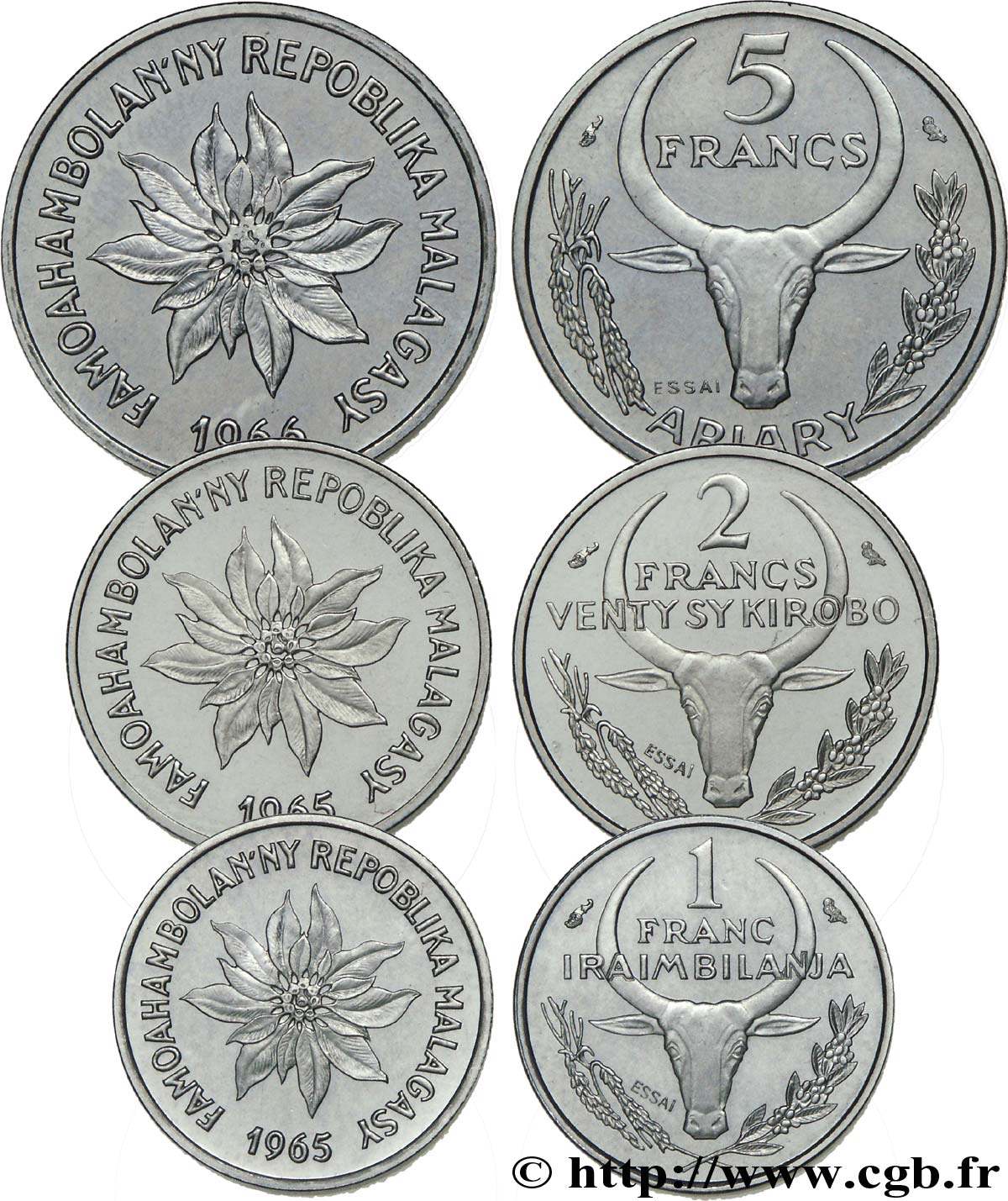 MADAGASCAR Essais de 5, 2 et 1 Francs 1965-1966 Paris FDC 