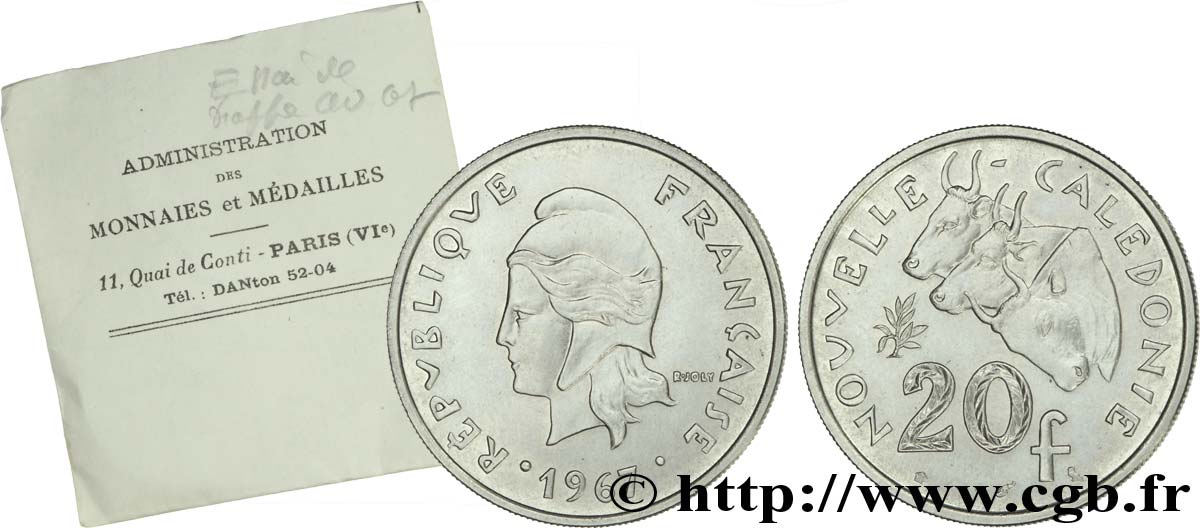 NOUVELLE CALÉDONIE 20 francs - Essai de frappe 1967 Paris FDC 