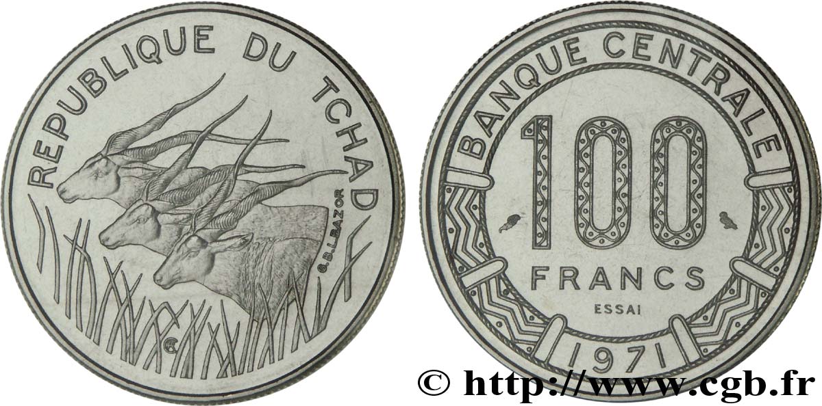 CIAD Essai de 100 Francs type “Banque Centrale”, antilopes 1971 Paris MS 