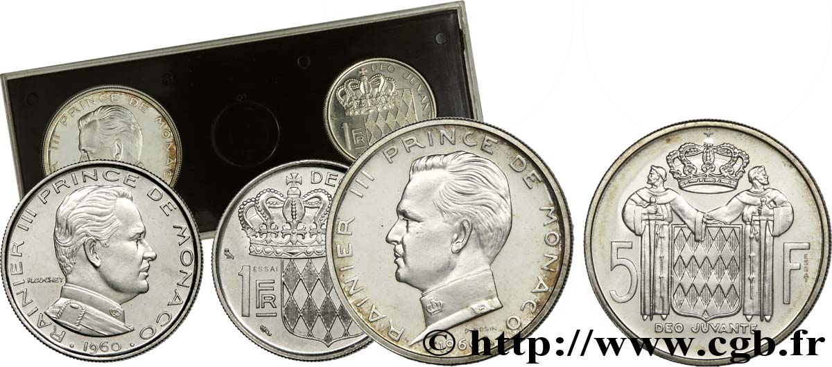 MONACO - PRINCIPAUTÉ DE MONACO - RAINIER III Boîte de 1 et 5 francs ESSAI 1960 Paris FDC 