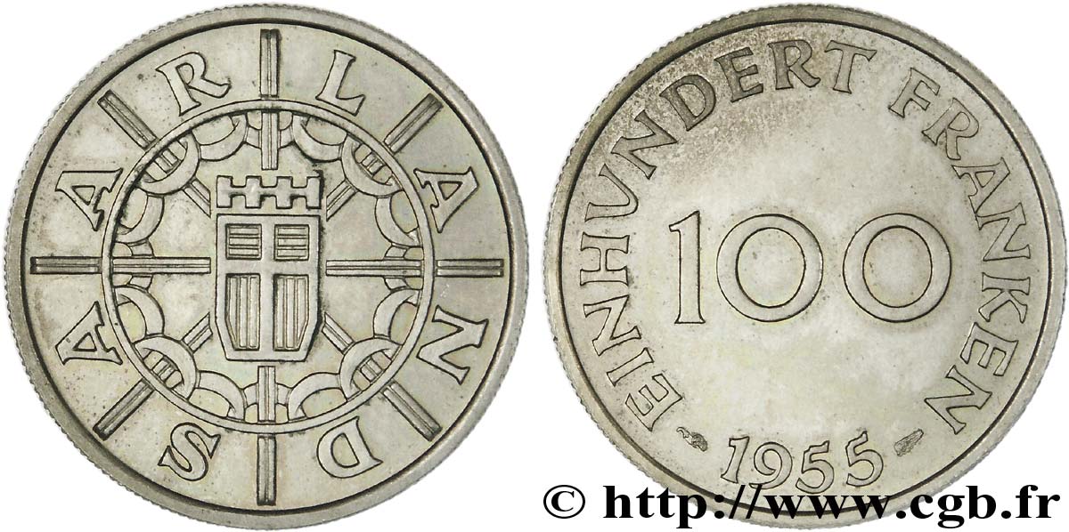 SAARLAND 100 Franken, frappe courante 1955 Paris MS 