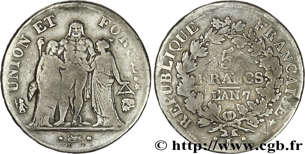 5 francs Union et Force, Union desserré, avec glands intérieurs et gland extérieur 1799 Bayonne F.291/28 TB