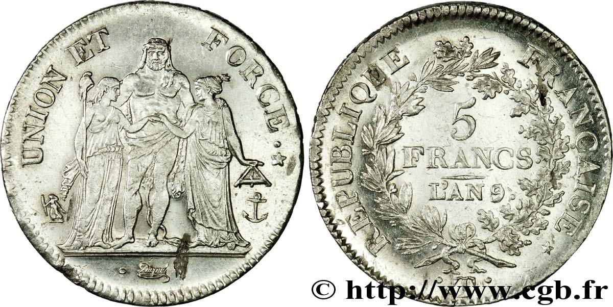 5 francs Union et Force, Union serré, avec gland intérieur du bas et gland extérieur 1801 Nantes F.288/167 SUP 