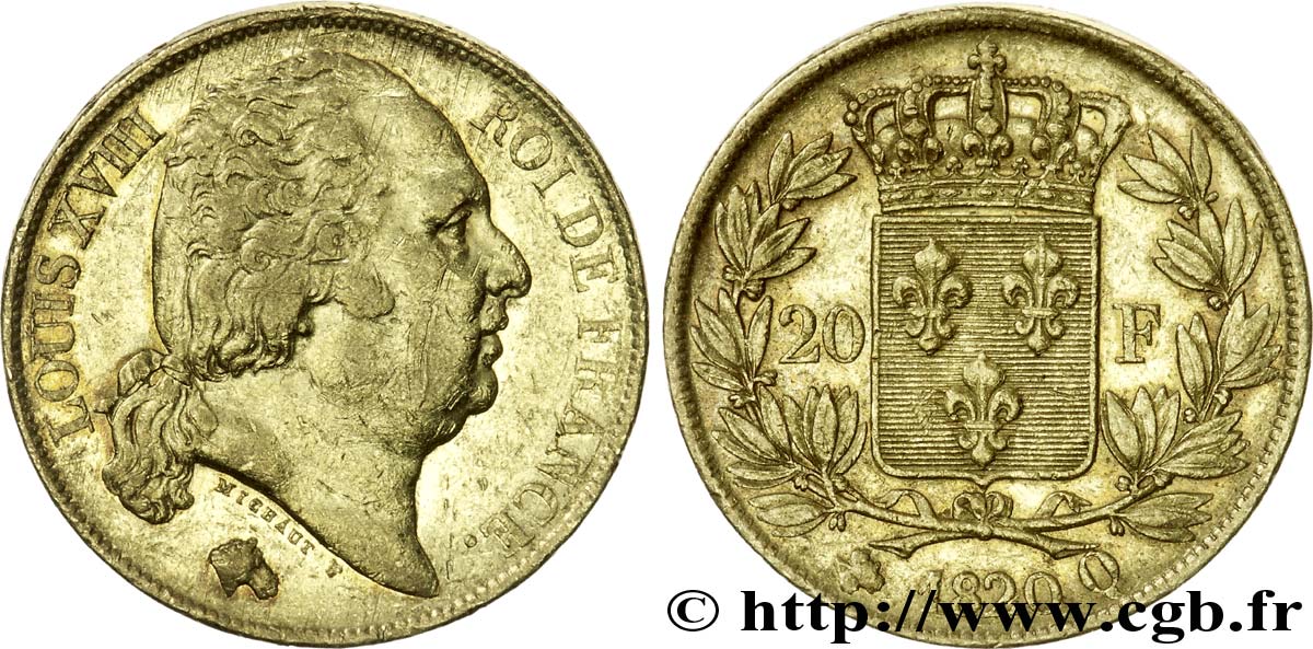 20 francs Louis XVIII, tête nue 1820 Perpignan F.519/21 XF 