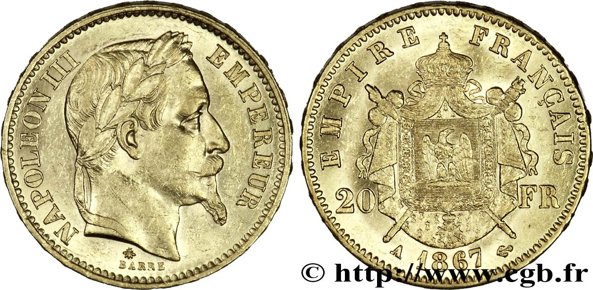 20 francs or Napoléon III, tête laurée 1867 Paris F.532/15 VZ 