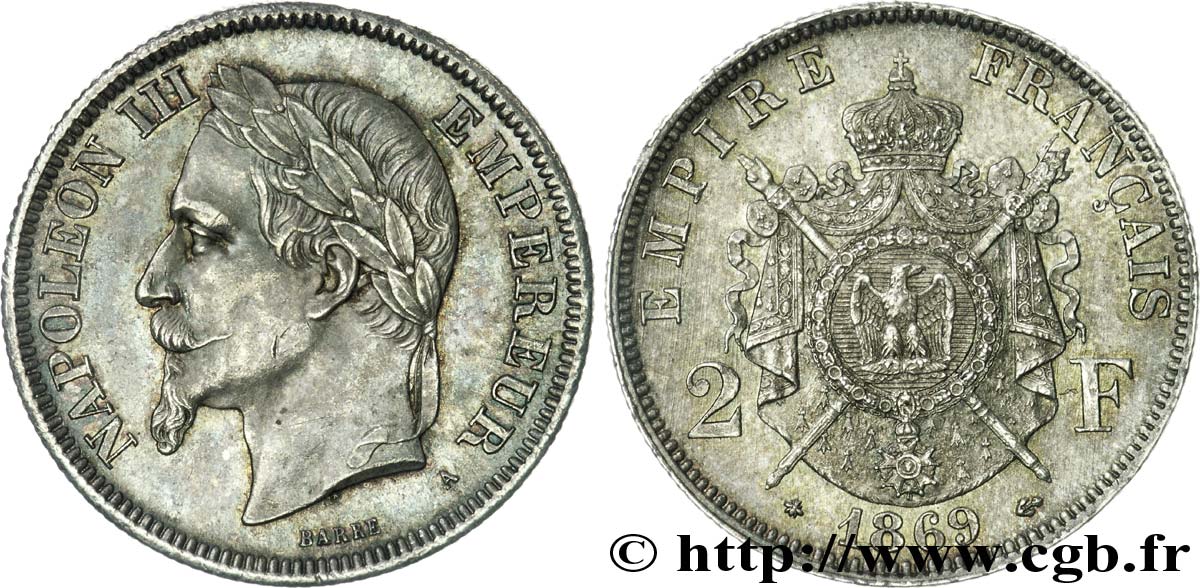 2 francs Napoléon III, tête laurée 1869 Paris F.263/10 EBC 