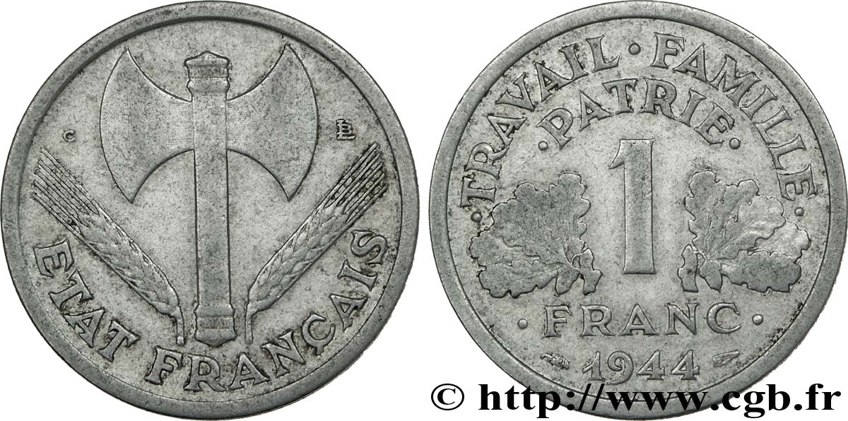 1 franc Francisque légère, petit c 1944 Castelsarrasin F.223/8 TB 