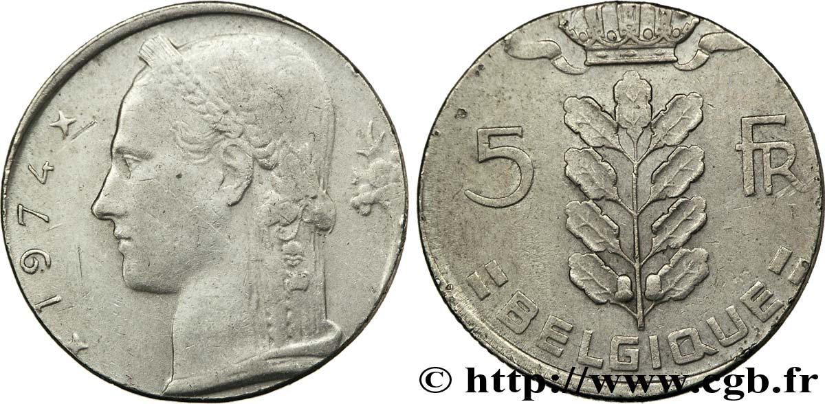 BELGIQUE - ROYAUME DE BELGIQUE - BAUDOUIN Ier 5 francs type Cérès sur un flan de 1 franc type Cérès 1974  TB 