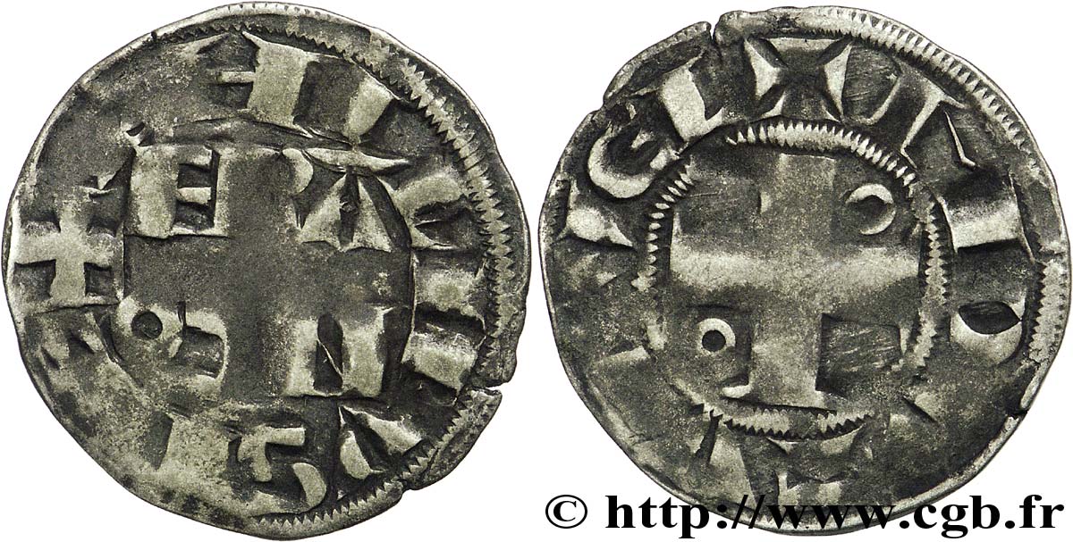 PHILIP II  AUGUSTUS  Denier parisis c. 1191-1199 Montreuil-sur-Mer XF