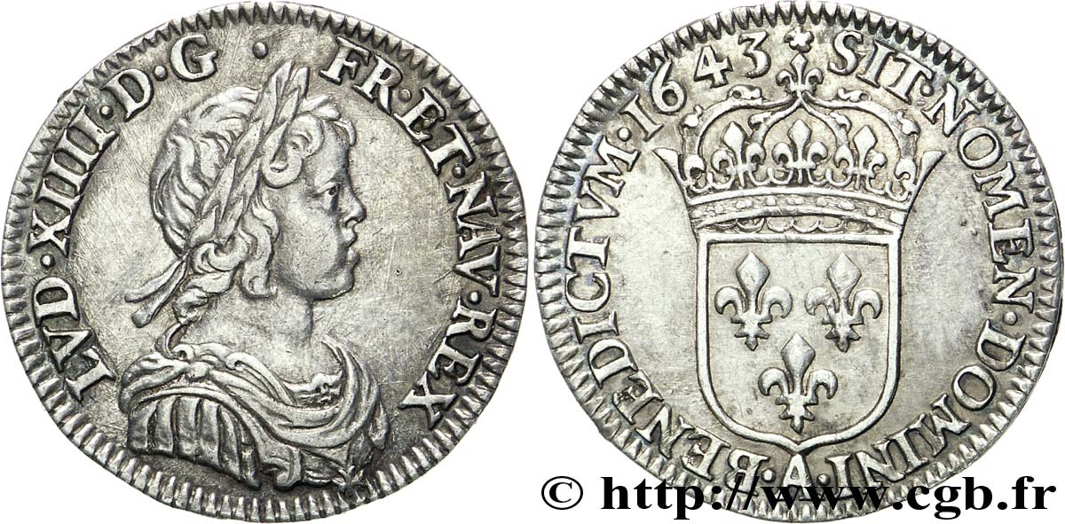 LOUIS XIV  THE SUN KING  Douzième d écu à la mèche courte 1643 Paris, Monnaie de Matignon fVZ/VZ