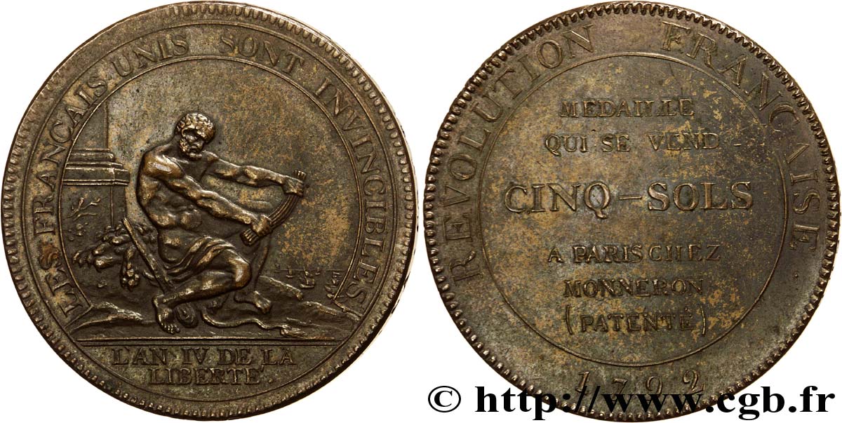 CONFIANCE (MONNAIES DE...) Monneron de 5 sols à l Hercule, frappe médaille 1792 Birmingham, Soho TTB+