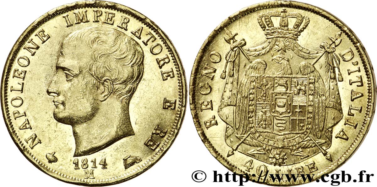 40 lires en or, 2e type, tranche en creux 1814 Milan VG.1394  SUP 