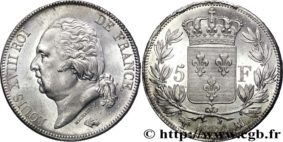5 francs Louis XVIII, tête nue 1824 Marseille F.309/96 SPL
