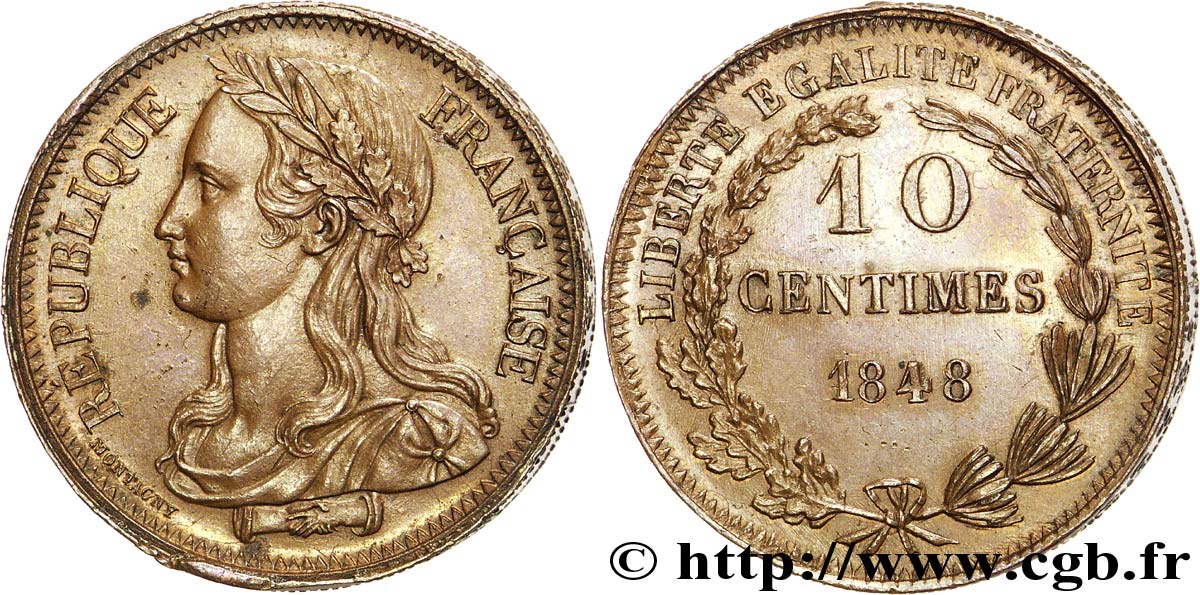 Concours de 10 centimes, piéfort quadruple de Montagny, tranche inscrite 1848 Paris VG.3166 var. SUP 