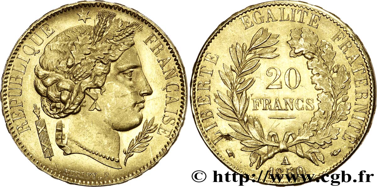 20 francs or Cérès, oreille basse 1850 Paris F.529/3 SUP