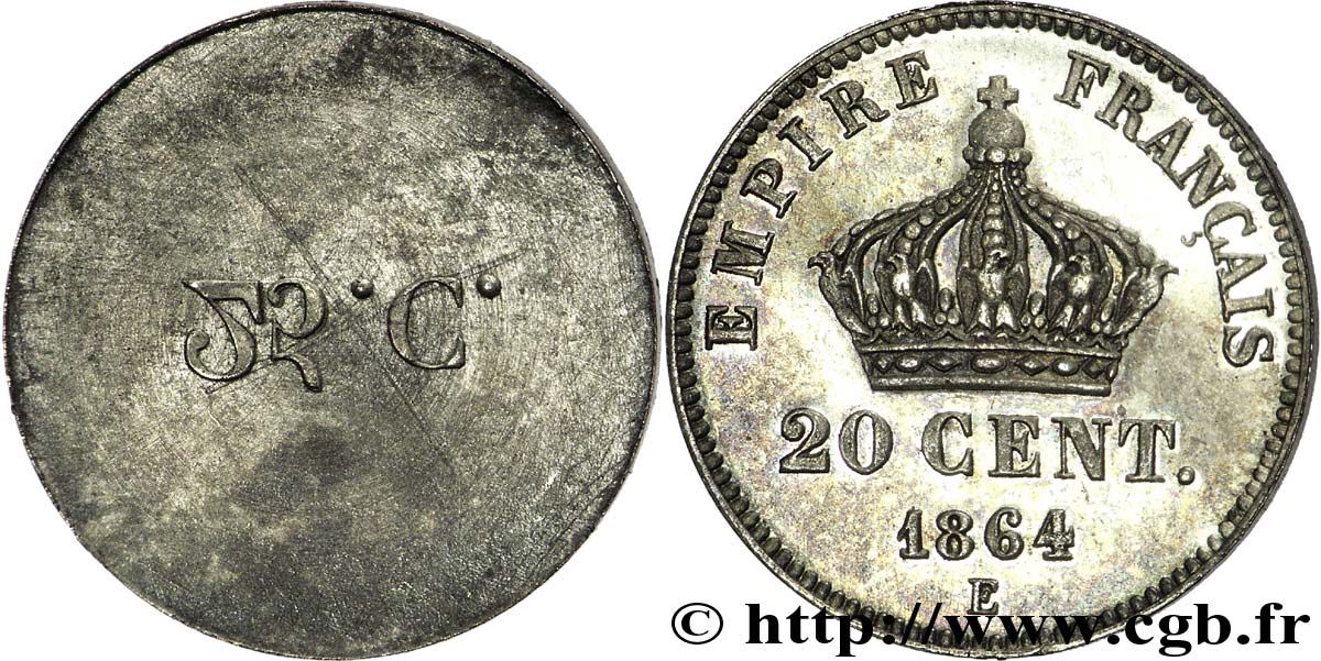Essai uniface de 20 centimes Napoléon III tête laurée, petit module 1864 Paris F.149/1 var. SPL 