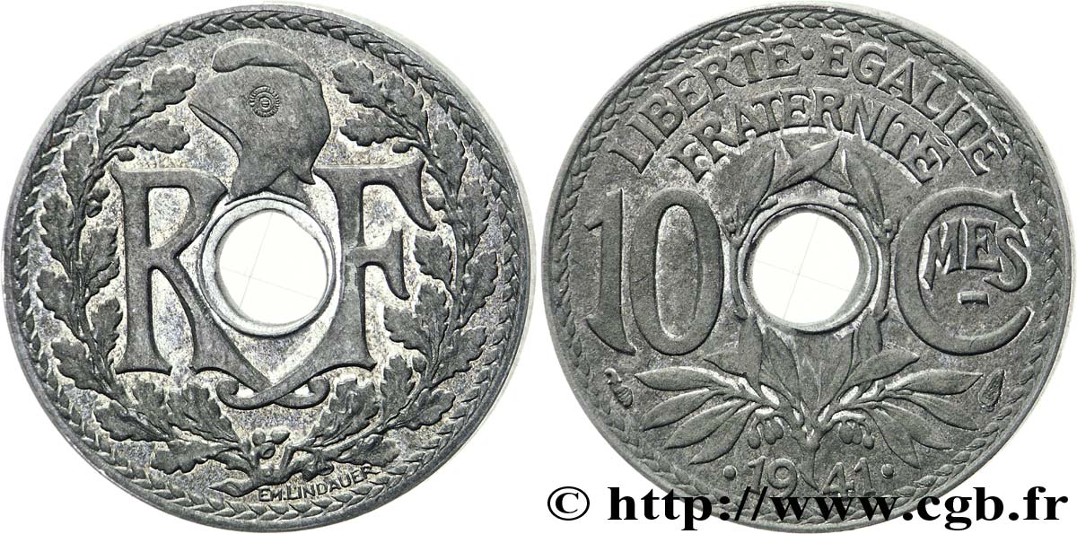 Piéfort de 10 centimes Lindauer en zinc, Cmes souligné et millésime avec points, sans le mot ESSAI 1941 Paris F.140/2P SPL