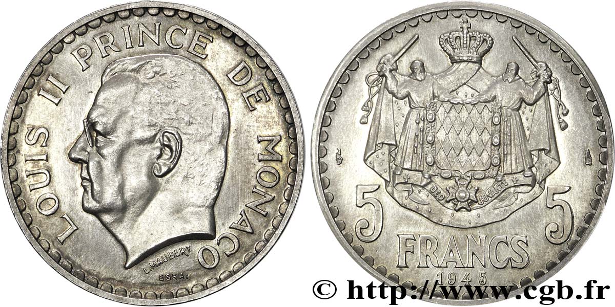 MONACO - PRINCIPAUTÉ DE MONACO - LOUIS II Essai-piéfort de 5 francs 1945 Paris SPL 