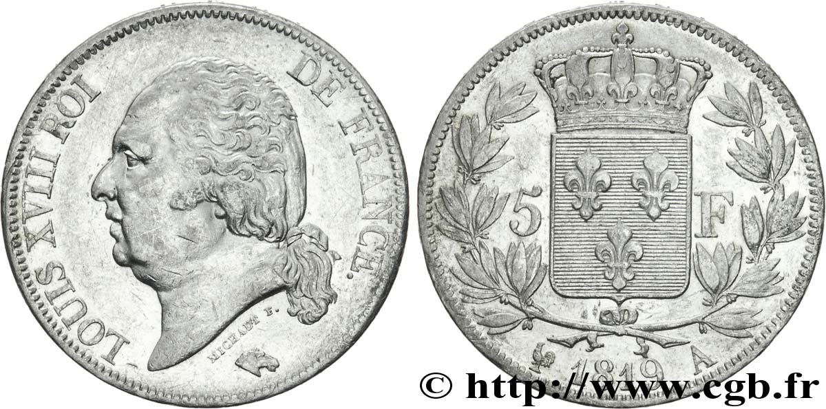 5 francs Louis XVIII, tête nue 1819 Paris F.309/40 XF 