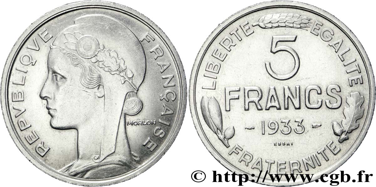 Concours de 5 francs, essai de Morlon en nickel 1933 Paris VG.5359  AU 