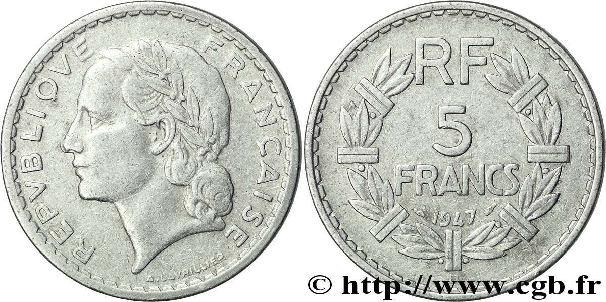 5 francs Lavrillier aluminium, 9 ouvert, frappe médaille 1947 Beaumont-Le-Roger F.339/11 var. TTB 