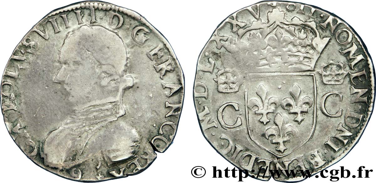 HENRY III. COINAGE AT THE NAME OF CHARLES IX Teston, 2e type 1575 (MDLXXV) Rennes BC/MBC