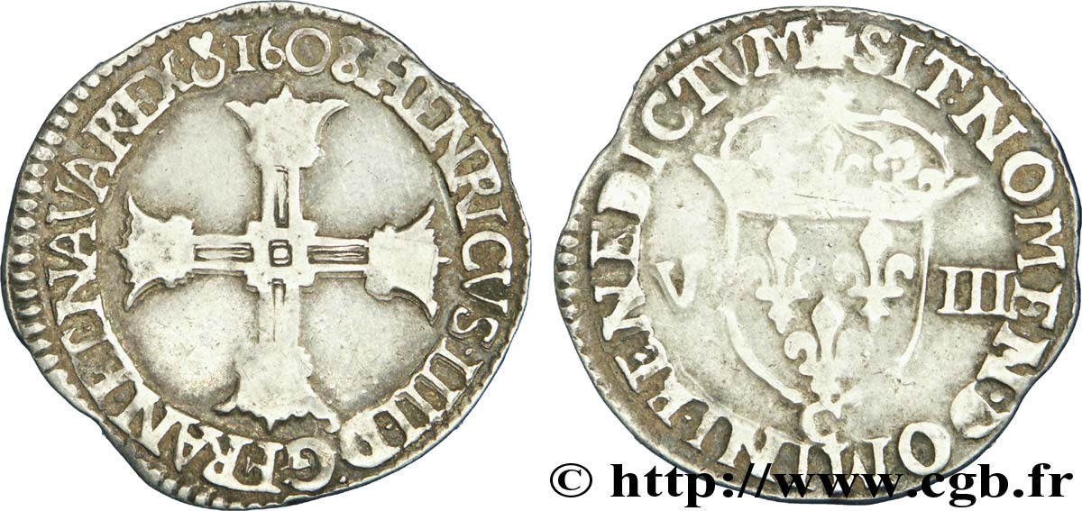 HENRY IV Huitième d écu, croix batonnée et couronnée de face 1608 Saint-Lô MBC