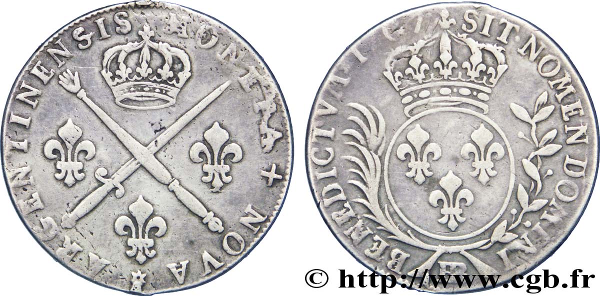 LOUIS XIV  THE SUN KING  Trente-trois sols aux insignes 1707 Strasbourg q.BB
