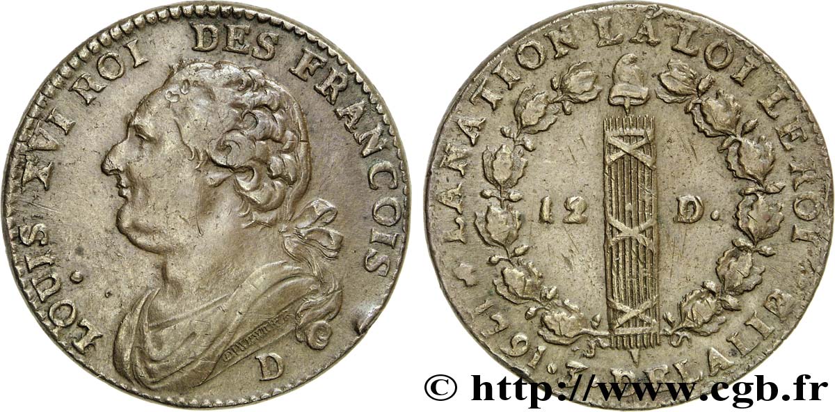 LOUIS XVI (MONARQUE CONSTITUTIONNEL) 12 deniers dit au faisceau , type FRANCOIS 1791 Lyon TTB+