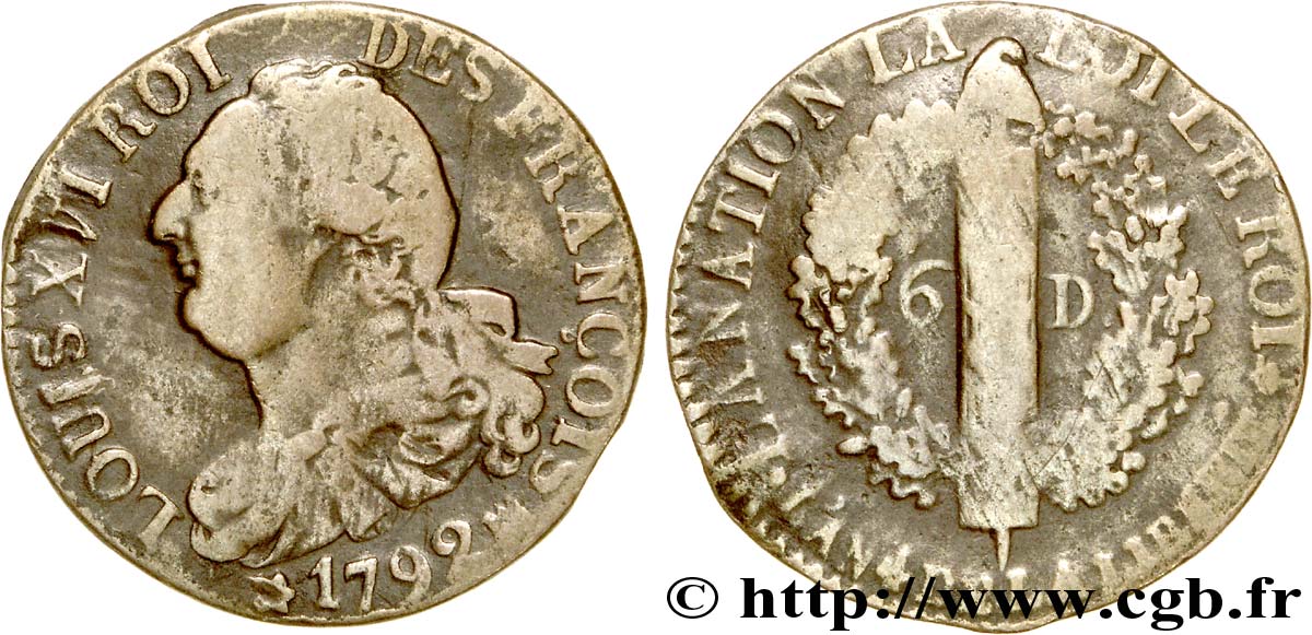 LOUIS XVI (MONARQUE CONSTITUTIONNEL) 6 deniers dit au faisceau , type FRANÇOIS 1792 Marseille TB