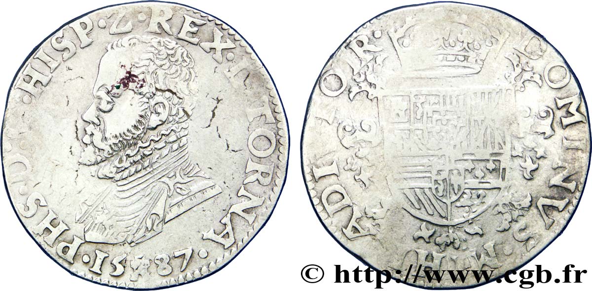 SPANISH NETHERLANDS - TOURNAI - PHILIP II OF SPAIN Demi-écu philippe ou demi-daldre philippus 1587 Tournai VF