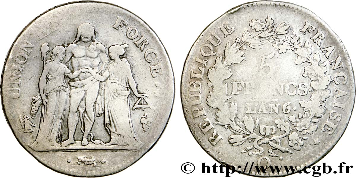 5 francs Union et Force, Union serré, seulement gland extérieur 1798 Perpignan F.288/82 VF 