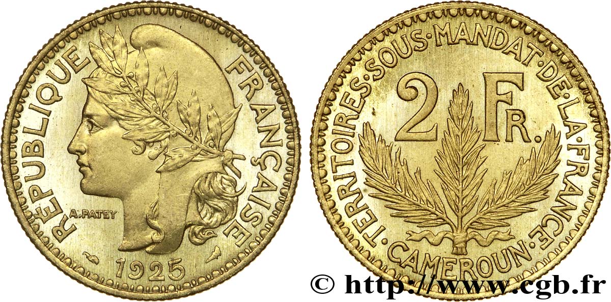 2 francs, Cameroun, Territoires sous mandat français - Pré-série de Morlon poids lourd, 10 grammes 1925 Paris Lec.11 ST