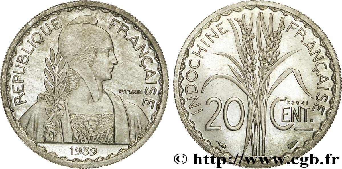 III REPUBLIC - INDOCHINE Pré-série avec le mot Essai 20 centimes, 5,5 g, tranche striée et rainurée ? 1939 Paris ST 