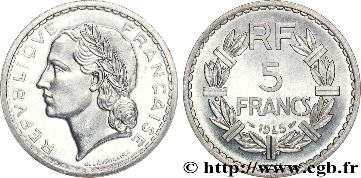 Essai de 5 francs Lavrillier, en aluminium, poids standard 1945 Paris F.339/1 SC 