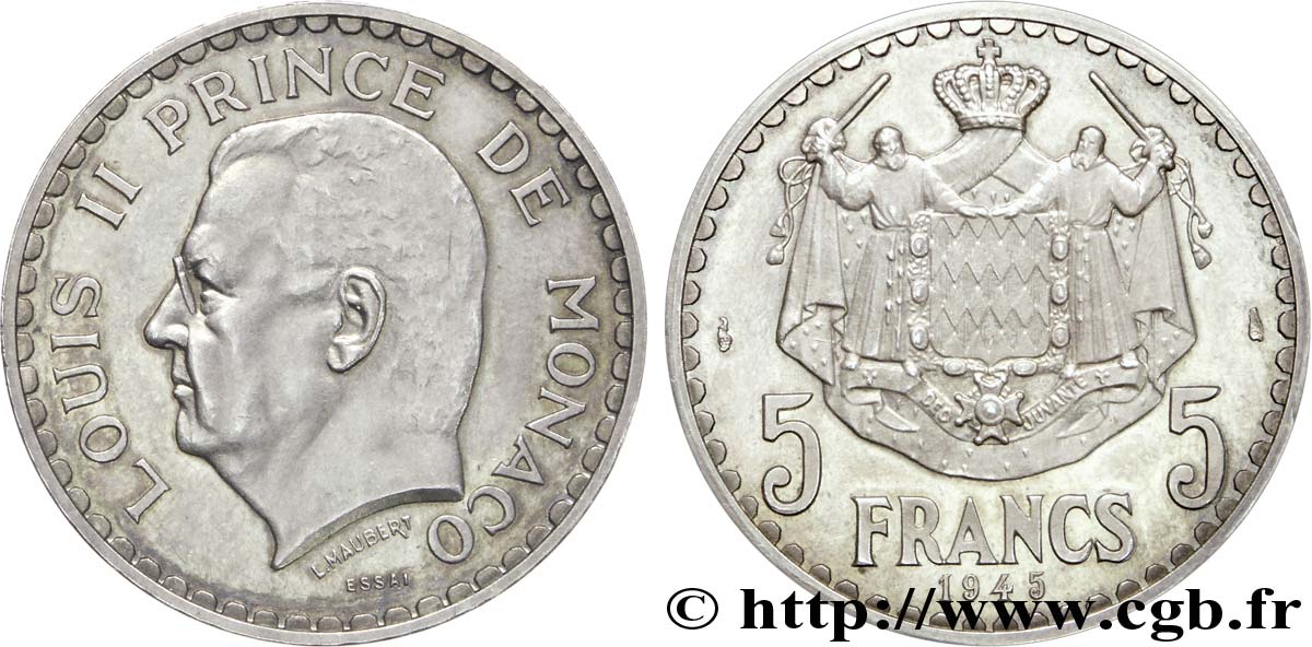 MONACO - PRINCIPAUTÉ DE MONACO - LOUIS II Essai-piéfort de 5 francs 1945 Paris SPL 