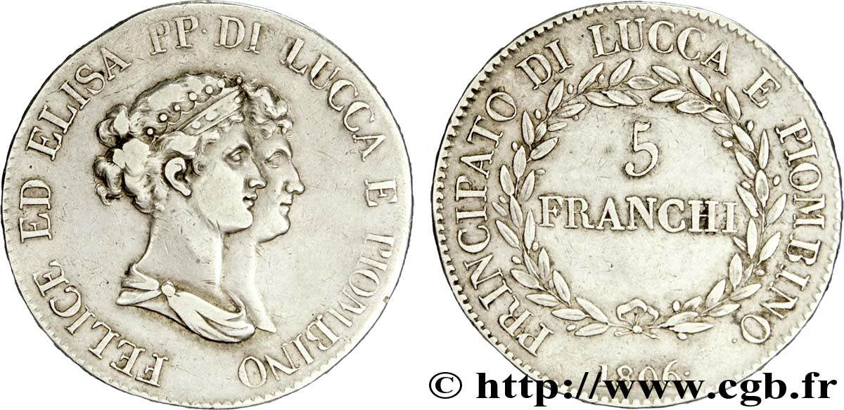 5 franchi, bustes moyens 1806 Florence VG.1472  TB 