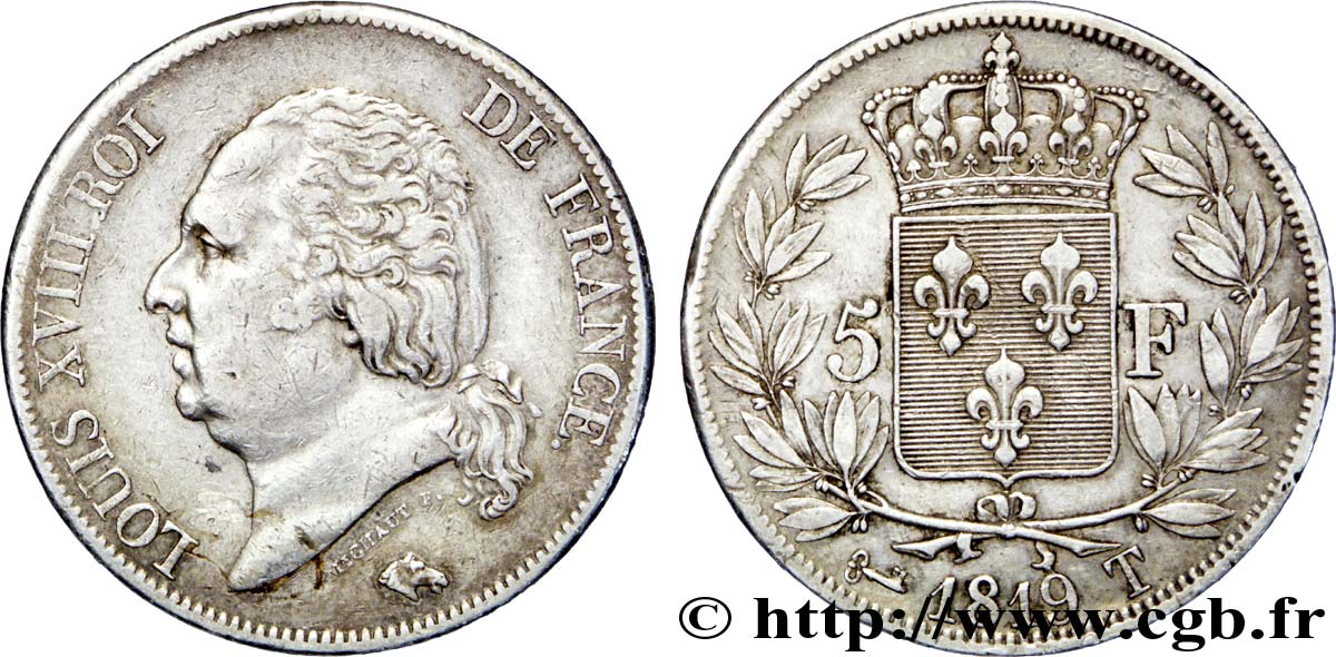 5 francs Louis XVIII, tête nue 1819 Nantes F.309/47 MBC 